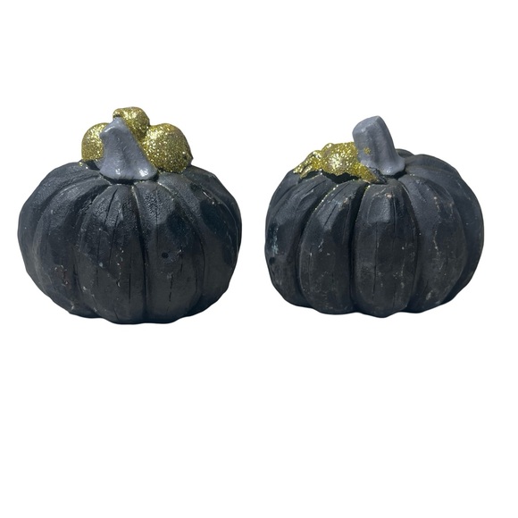 Boo Eek Black & Gold Pumpkin Set of 2 Concrete 4” x 3.5” Decor - Picture 6 of 14